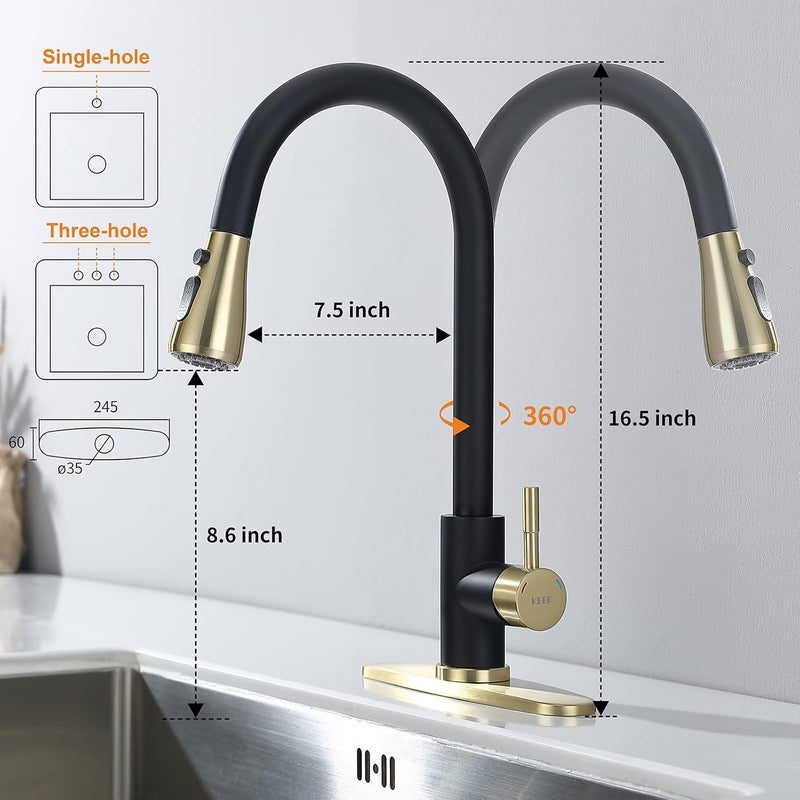 Keer Matte Black Single Handle Pull Down Kitchen Faucet with Soap Dispenser, 3 Modes Sprayer, Easy Assembly, Single Handle High Arc Stainless Steel Faucet - Image 3
